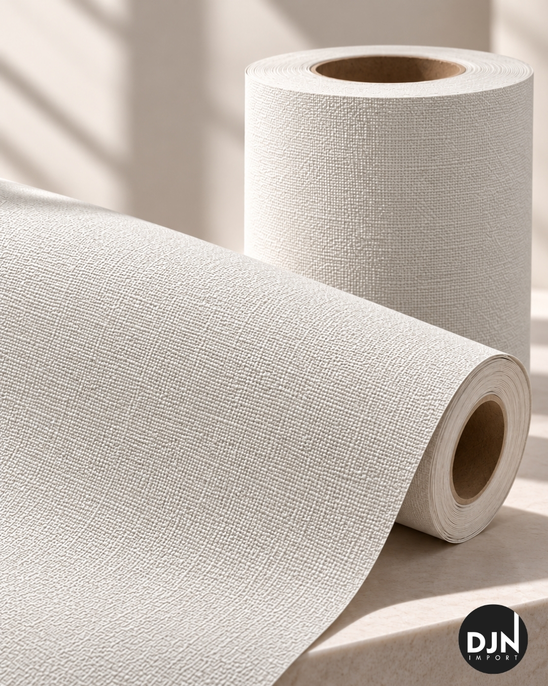 Bobinas de papel de parede vinílico off-white com textura de linho